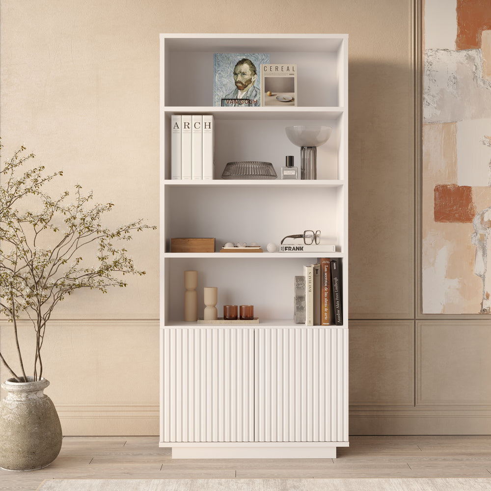 White Fluted Bookcase – Tall 4-Tier Display Shelving Unit with 2-Door