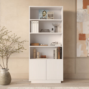 White Fluted Bookcase – Tall 4-Tier Display Shelving Unit with 2-Door