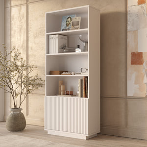 White Fluted Bookcase – Tall 4-Tier Display Shelving Unit with 2-Door