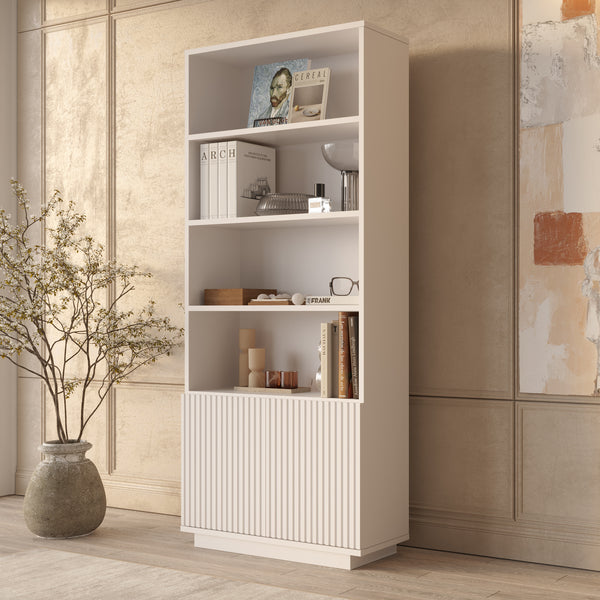 White Fluted Bookcase – Tall 4-Tier Display Shelving Unit with 2-Door