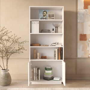 White Fluted Bookcase – Tall 4-Tier Display Shelving Unit with 2-Door