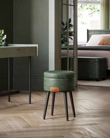 EKHO Collection - Storage Ottoman, Vanity Chair Stool, Synthetic Leather with Stitching, Mid-Century Modern