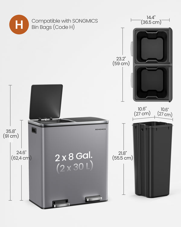 Metal Recycling Bin with 15 Rubbish Bags 2-Compartment - Karrari