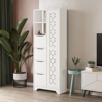 Vertical sideboard with drawers and door, White