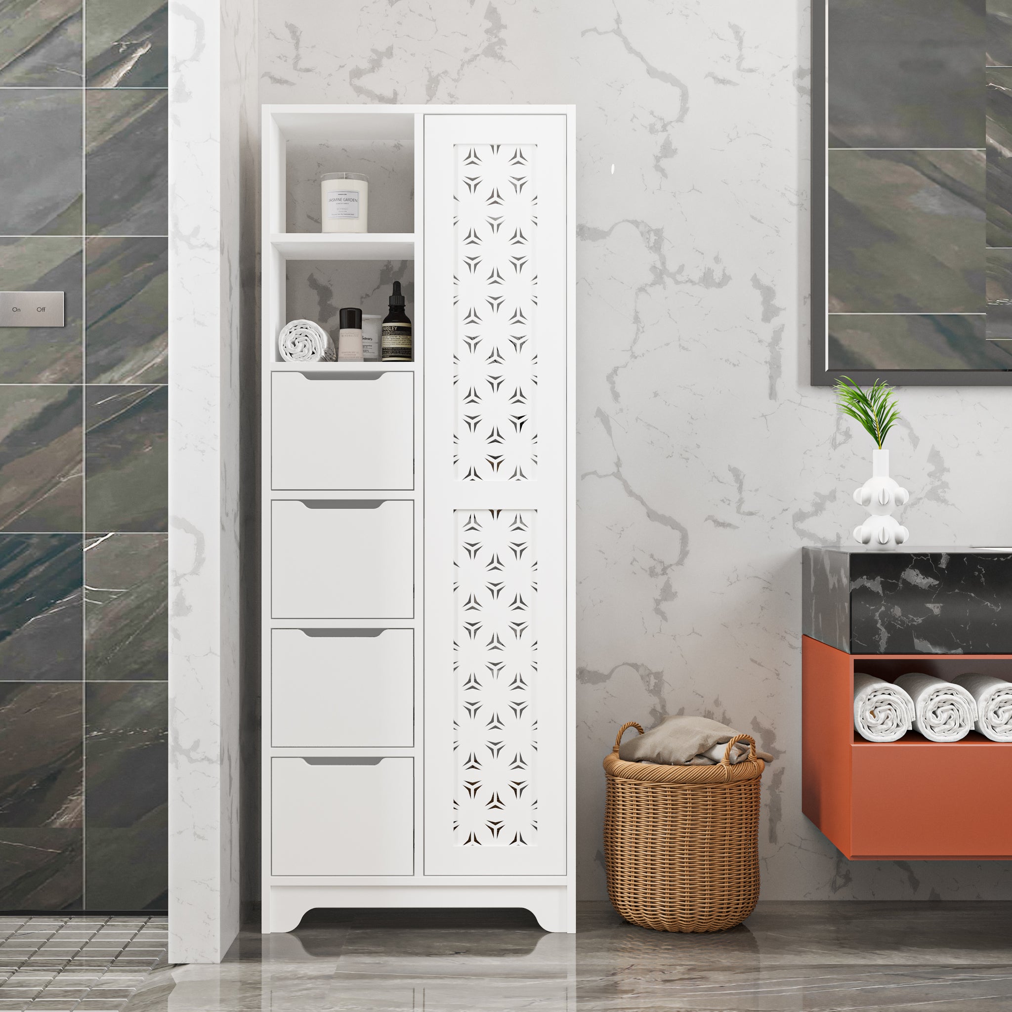 Vertical sideboard with drawers and door, White