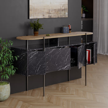 Console / Sideboard, Brown and Marble effect, Black metal frame.