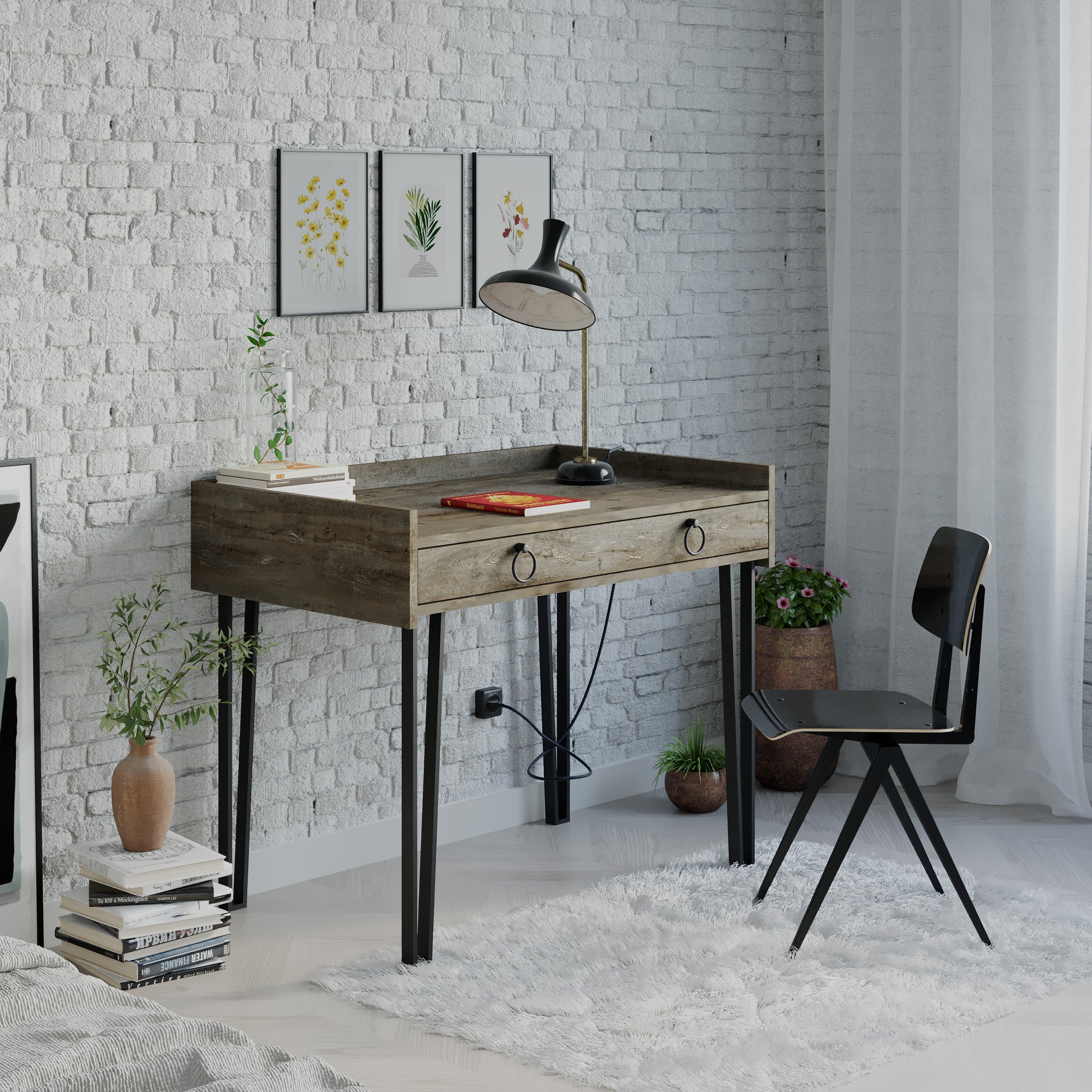 Dark Wood Desk, Metal handles and legs.