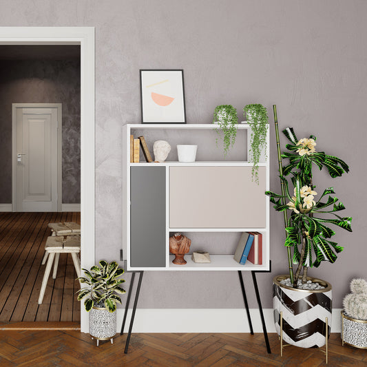 White Shelving Unit with doors and black metal legs.