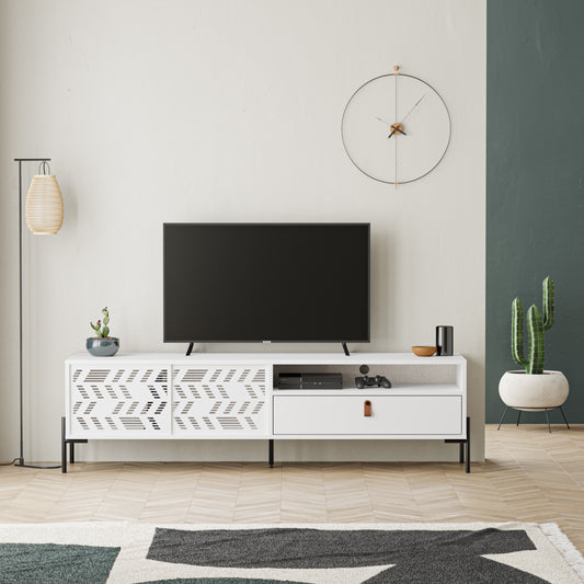 TV Unit with Two Sliding Doors and a Convenient Drawer, White