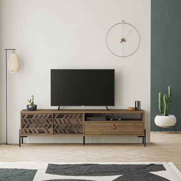 TV Unit with Two Sliding Doors and a Convenient Drawer, Brown