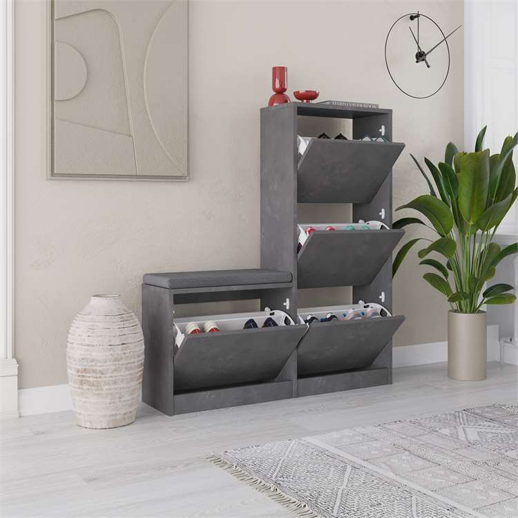 Concrete-Effect Shoe Cabinet with Bench - Karrari