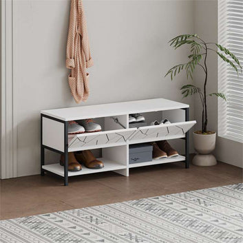 Inola Shoe Bench, Wood and metal, White