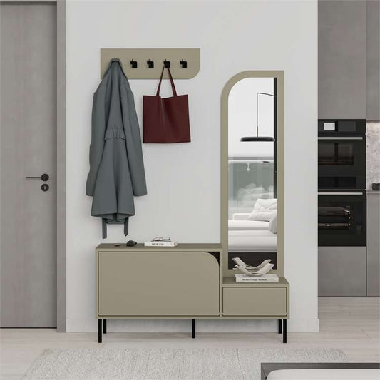 Mila Shoe Cabinet, Ash Green, Coat hanger, Mirror, Shoe Bench