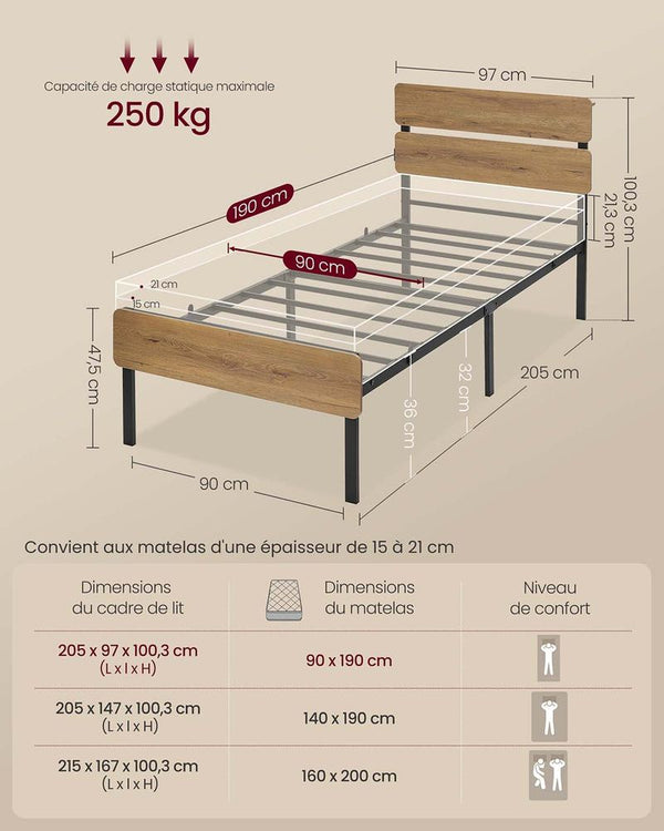 Metal Single Bed Frame with LED & USB(190x90cm) - Karrari