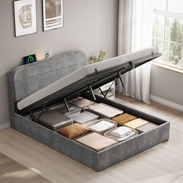Storage Bed with Lighting – Slate Grey (140x190cm) - Karrari