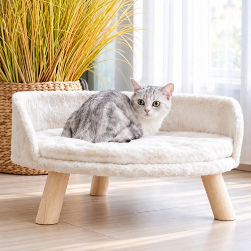 Cat Bed – Soft, Cozy, with a Curved Backrest & Wooden Legs