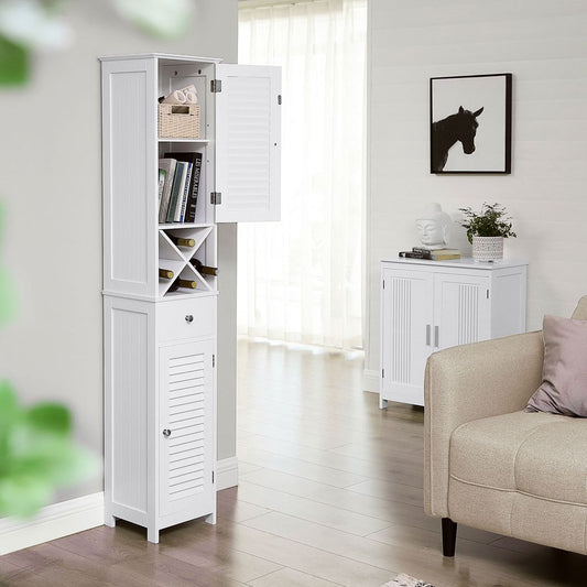 Bathroom Cabinet Tall Cabinet with 2 Slat Doors Storage Cabinet with Drawer Removable X-shaped Shelf