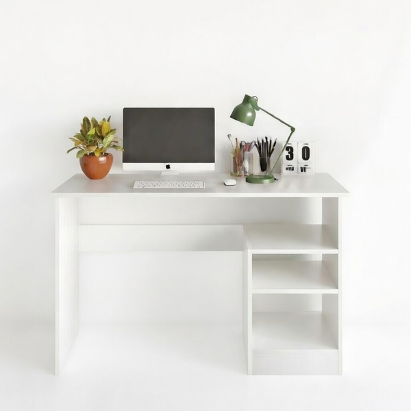 Alpine Modern Study Desk – Crisp White with Integrated Triple Shelving - Karrari