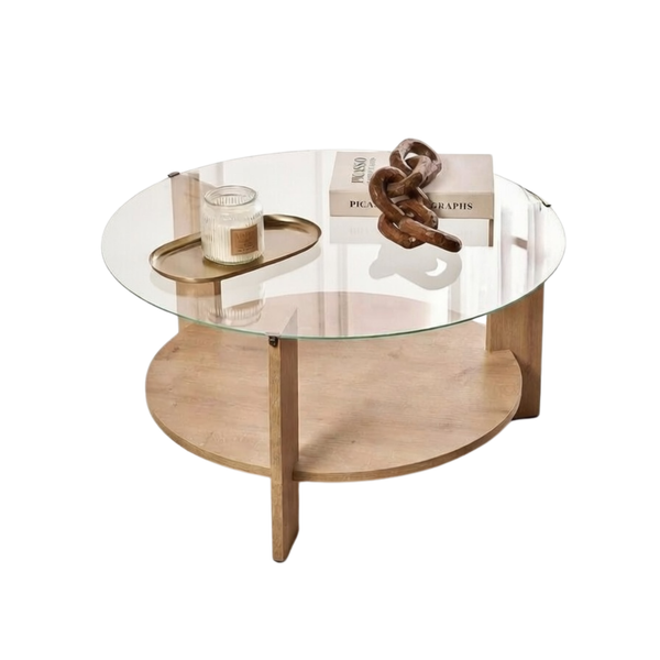 Stylish Coffee Table Tempered Glass Top - Sapphire Oak - Karrari