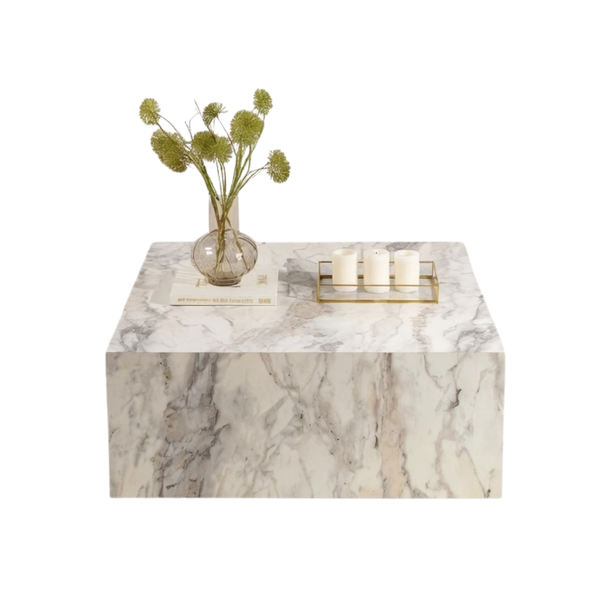 Freesia Marble-Effect Square Plinth Coffee Table - Karrari