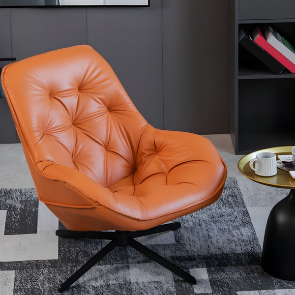 Sunset Orange Tufted Leather Lounge Chair with Iron Star Base - Karrari
