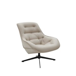 Khaki Tufted Leather Lounge Chair with Swivel Iron Base - Karrari