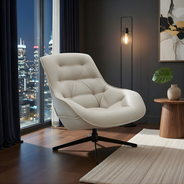 Khaki Tufted Leather Lounge Chair with Swivel Iron Base - Karrari