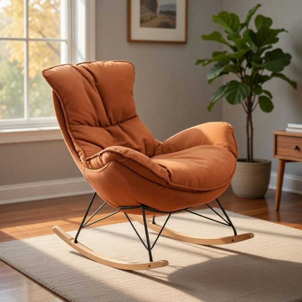 Orange Leather Rocking Armchair with Industrial Iron Frame - Karrari