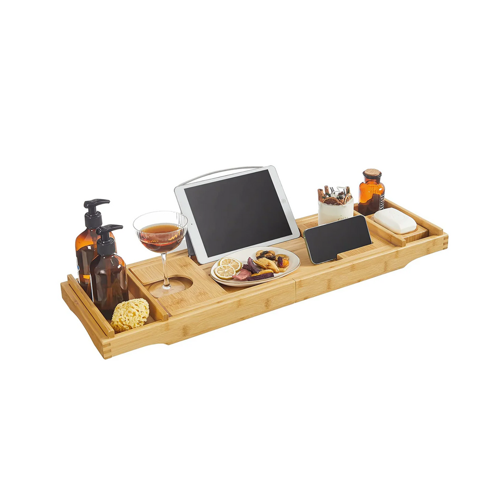 Bamboo Bathtub Tray with Book & Drink Holder - Karrari