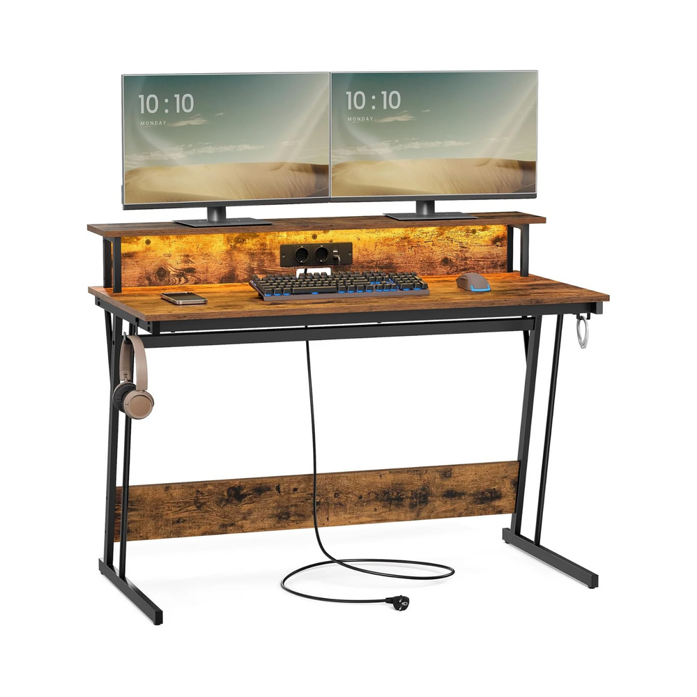 Gaming Desk with Power Strip & Dual Monitor Stand - Karrari