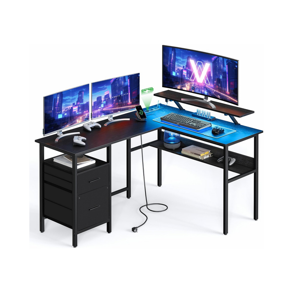 L-Shaped Desk with Sockets, Monitor Stand & LED Lights - Karrari
