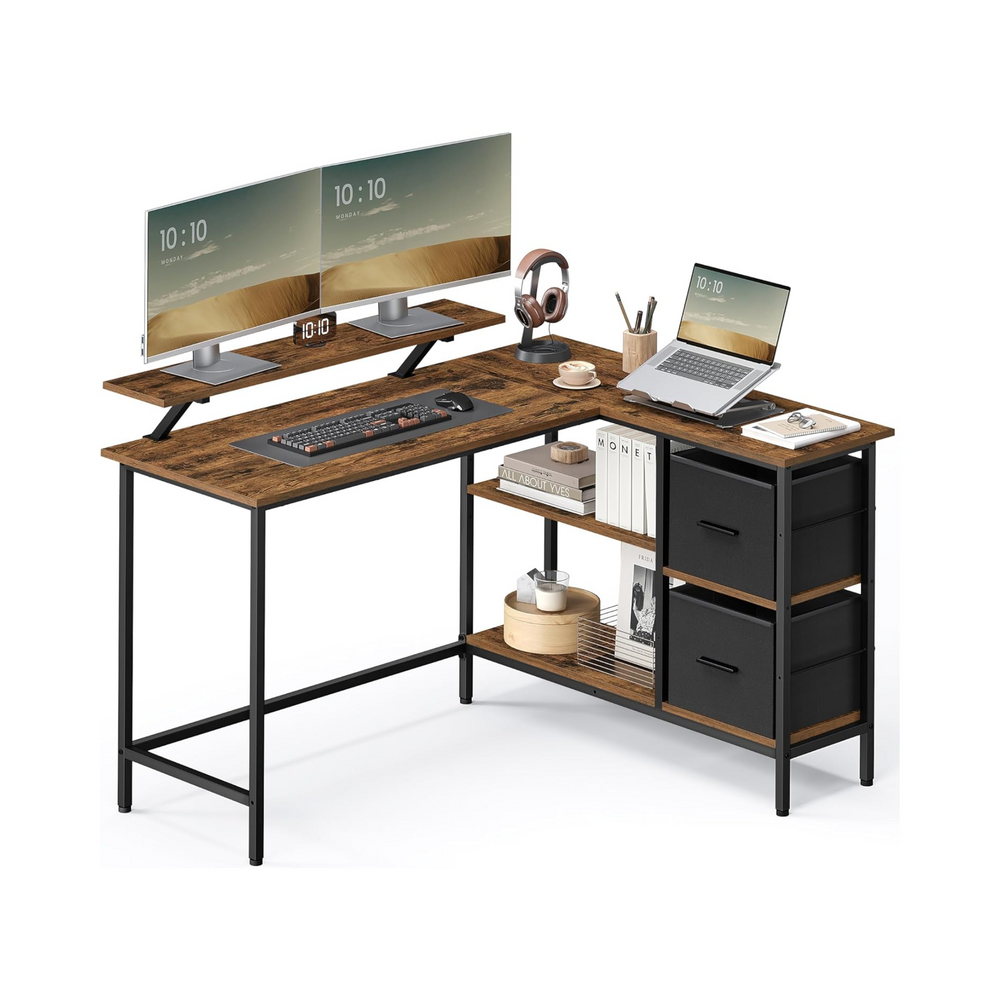 L-Shaped Desk with 2 Drawers & Monitor Stand - Karrari