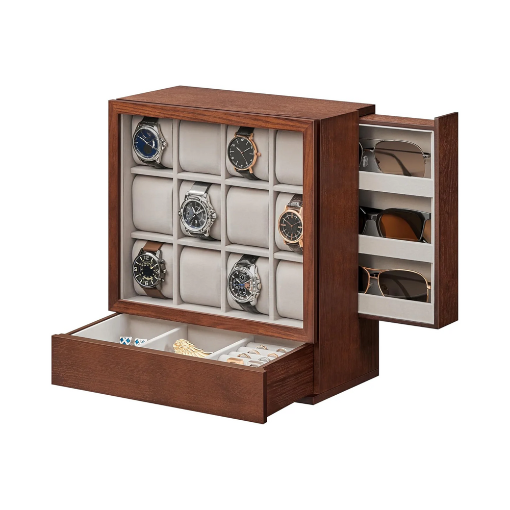 12-Slot Wooden Watch Box with Window - Vertical Storage - Karrari
