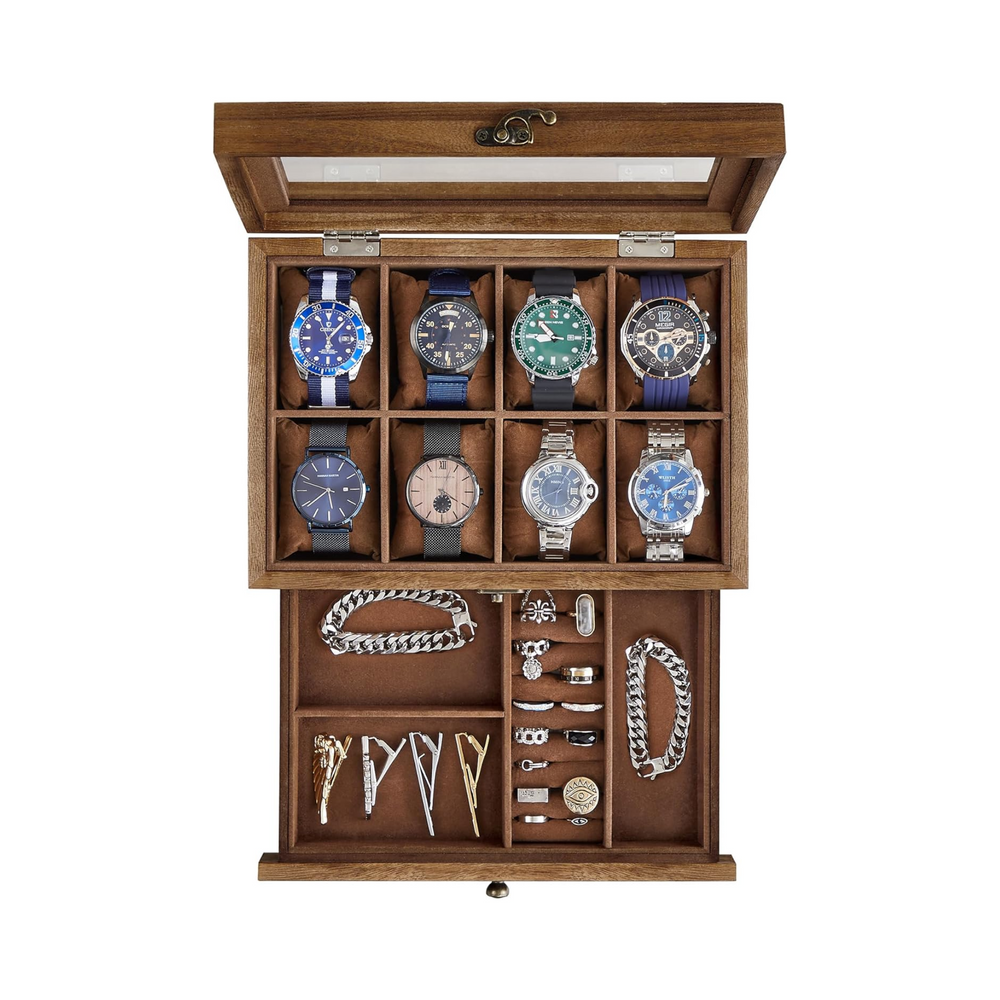 8-Slot 2-Tier Wooden Watch Box - Glass Lid - Karrari