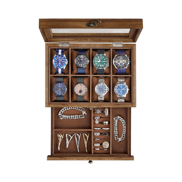 8-Slot 2-Tier Wooden Watch Box - Glass Lid - Karrari