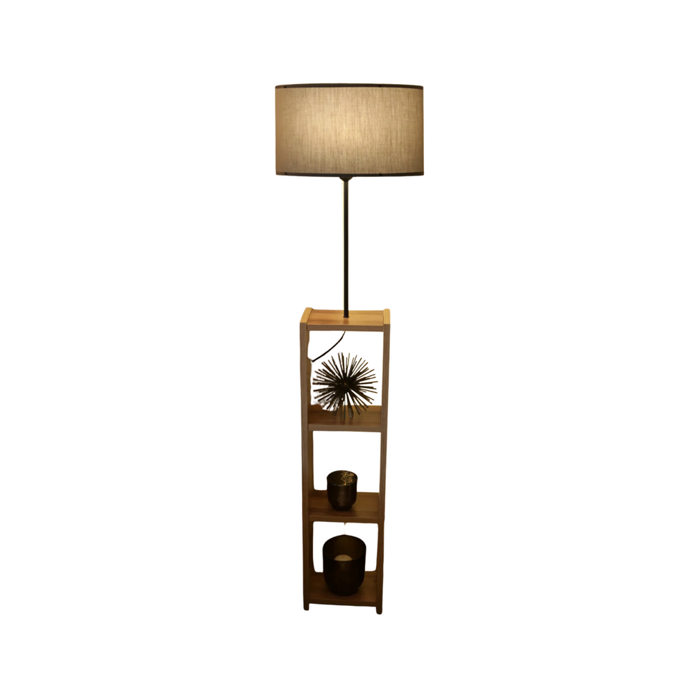 Wooden Floor Lamp - Shelves and Fabric Shade (150cm) - Karrari