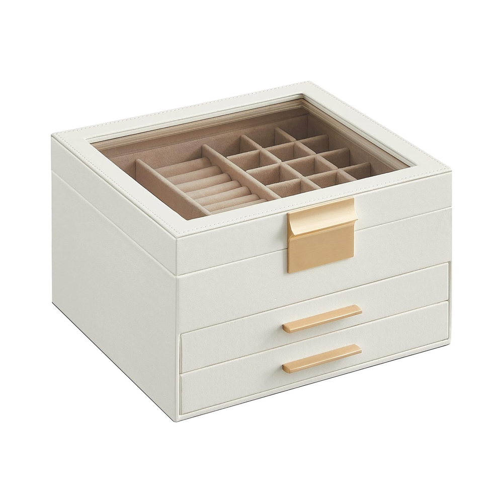 3-Layer Jewellery Box with Glass Lid & 2 Drawers