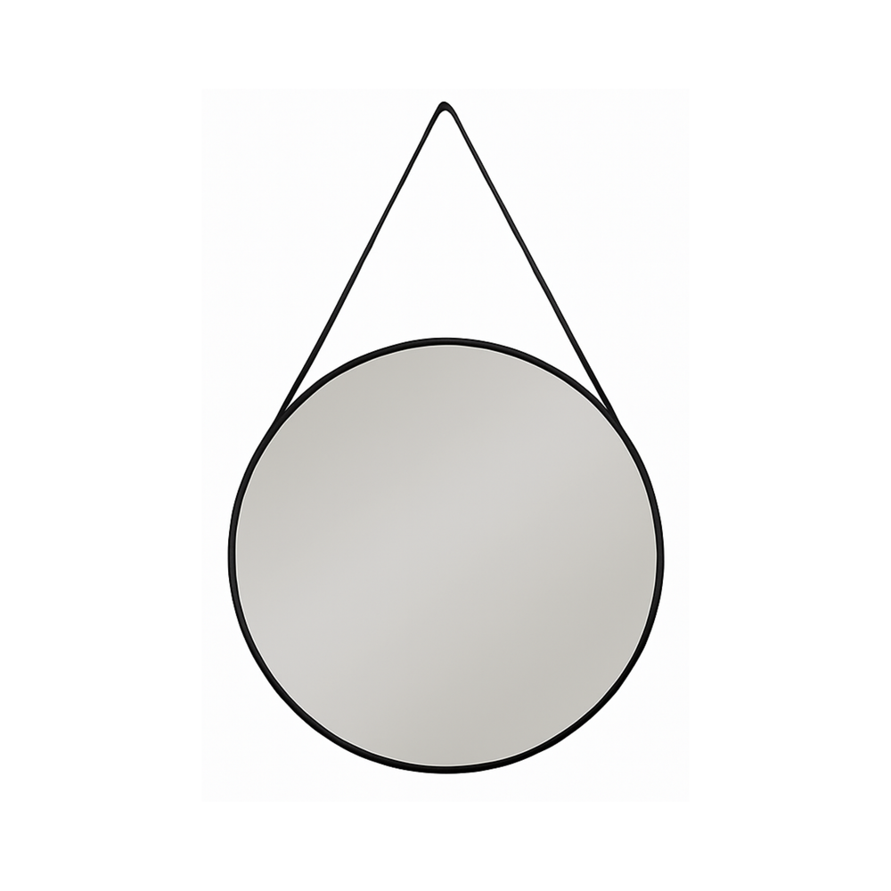Round Black Wall Mirror with Hanging Strap - Karrari