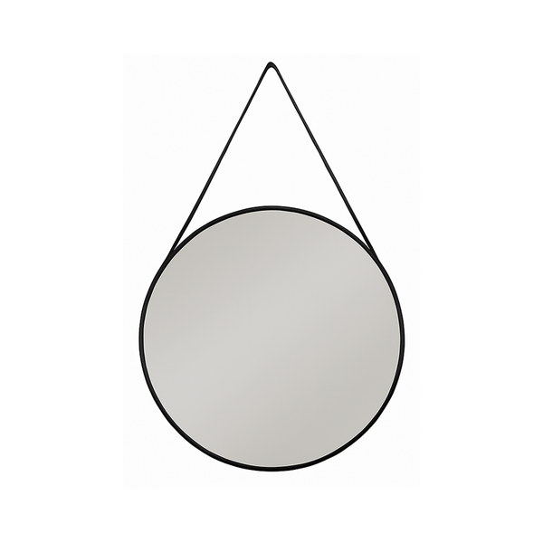 Round Black Wall Mirror with Hanging Strap - Karrari