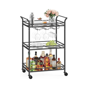 Black Bar Cart with 3-Tier Mirrored Shelves