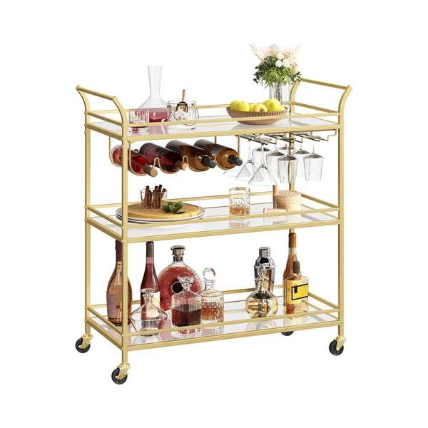 Gold Bar Cart with 3-Tier Mirrored Shelves