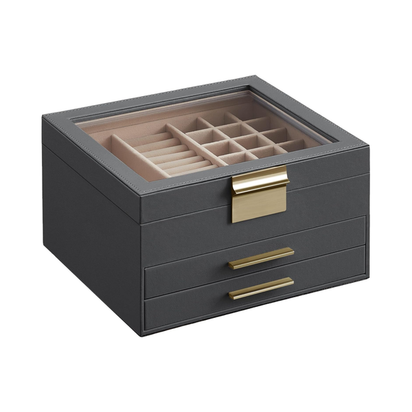 3-Layer Jewellery Box with Glass Lid & 2 Drawers