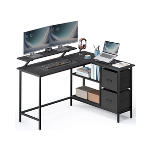 L-Shaped Desk with 2 Drawers & Monitor Stand