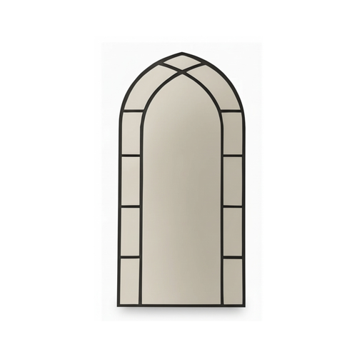 Large Gothic-Style Arched Wall Black Metal Frame Mirror (180x80cm) - Karrari
