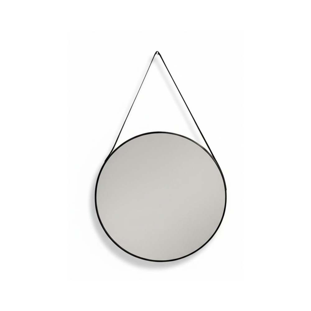Round Black Wall Mirror with Hanging Strap