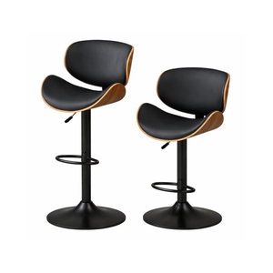 Modern Adjustable Bar Stools – Black Faux Leather & Walnut Wood (Set of 2) - Karrari