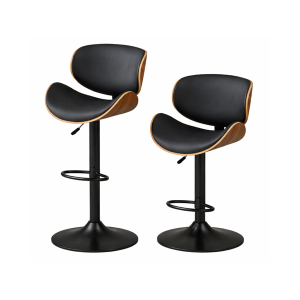 Modern Adjustable Bar Stools – Black Faux Leather & Walnut Wood (Set of 2) - Karrari