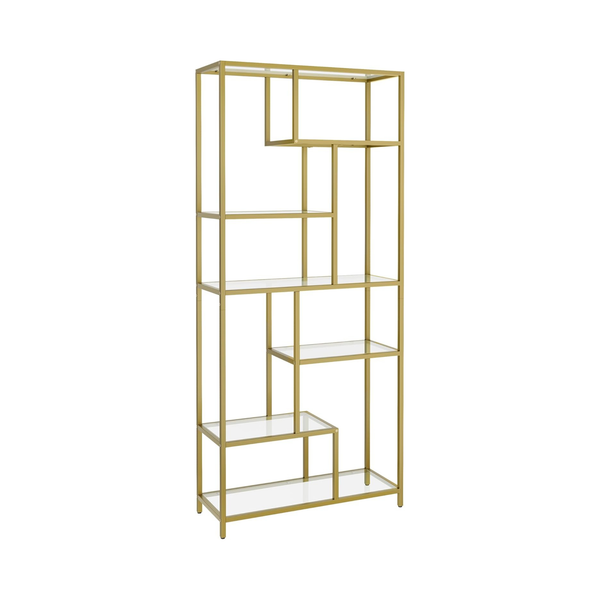 Tall 6-Tier Display Shelf – Glass Bookcase, Gold Finish - Karrari