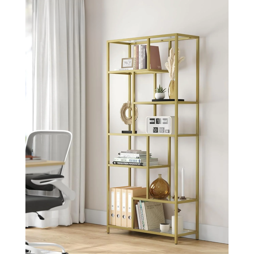 Tall 6-Tier Display Shelf – Glass Bookcase, Gold Finish - Karrari