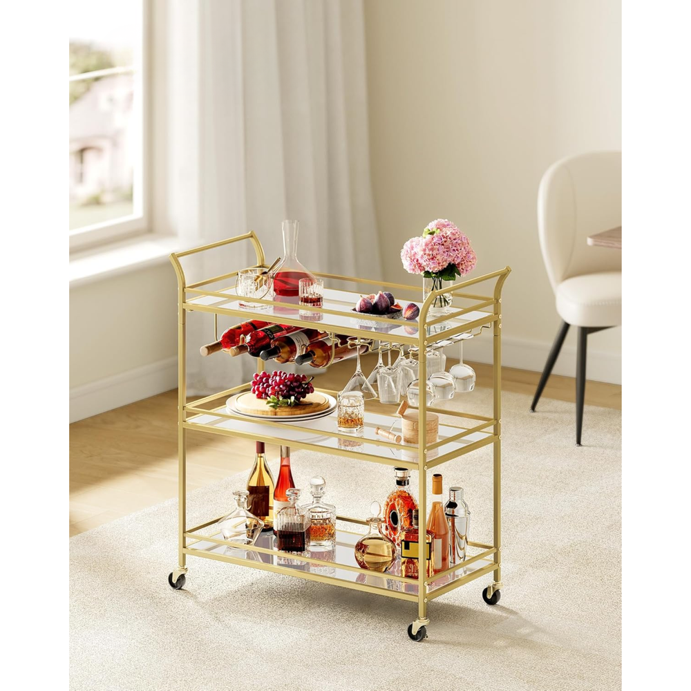 Gold Bar Cart with 3-Tier Mirrored Shelves - Karrari